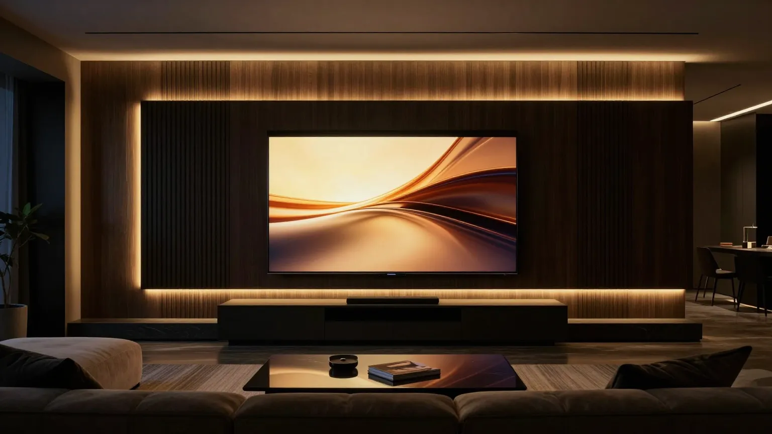 Luxury media wall with hidden AV in a custom Huntsville home