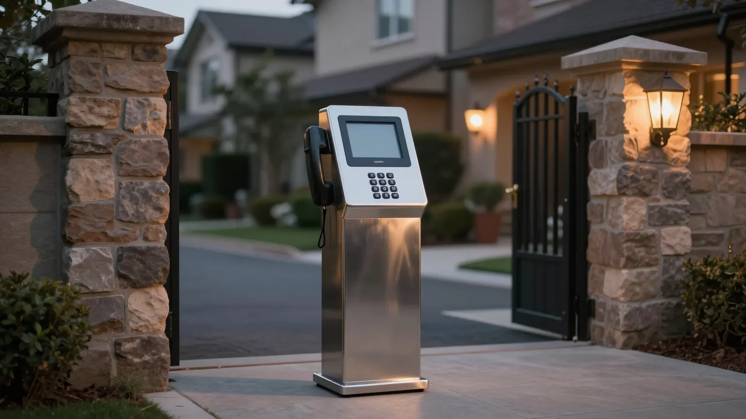 DoorKing telephone entry pedestal at a gated Huntsville driveway
